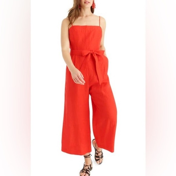 NWT J. Crew Tie-Waist Spaghetti Strap Linen Jumpsuit Bright Cerise Size 14 $128 - Picture 1 of 7